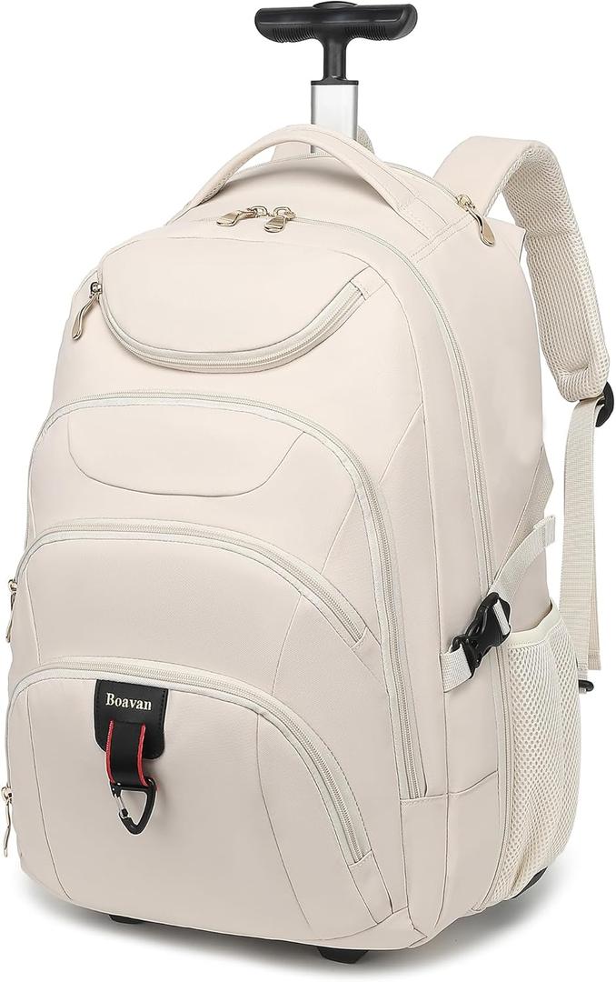Boavan Rolling Backpack for Women, 17.3 Inch Wheeled Laptop Backpack, Large Travel Carry-On Bag for Teachers College Students, USB Charging Port Waterproof Business for Airplane Overnight Luggage, Beige