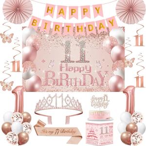 11th Birthday Decorations for Girls,32PCS 11th Birthday Party Decorations,Including Backdrop, Crown, Sash, banner, Hanging Swirl,Cake Topper,balloons, Anniversary Card and Paper Fans