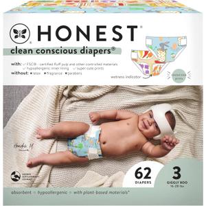The Honest Company Clean Conscious Diapers for Sensitive Skin | Hypoallergenic, Fragrance Free | Spring '25 Limited Edition Prints | Club Box, Size 3 (16-28 lbs), 62 Count