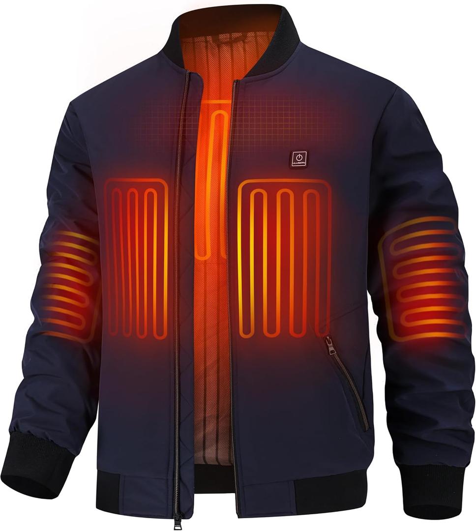 Men's Heated Jacket with 12V Battery, Windproof Bomber Jackets Winter Warm Casual Heating Coat with 5 Heating Areas (Medium, Navy)