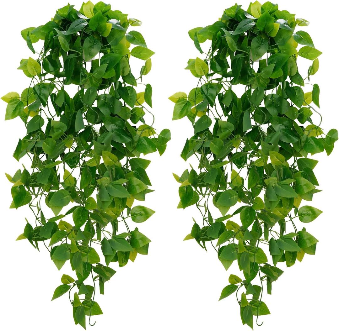 BLEUM CADE Fake Hanging Plants, 2pcs Artificial Hanging Plant, Faux Pothos Vines Hanging Plant Greenery for Wall Home Living Room Indoor Outdoor Decor (No Baskets) (2pcs, Pothos Ivy Vines)