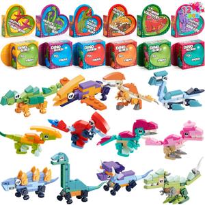 JOYIN 12 Packs Valentines Dinosaur Building Blocks Toys with Heart Boxes for Valentine Party Favors Gifts Classroom Exchange, Prize Supplies, School Rewards
