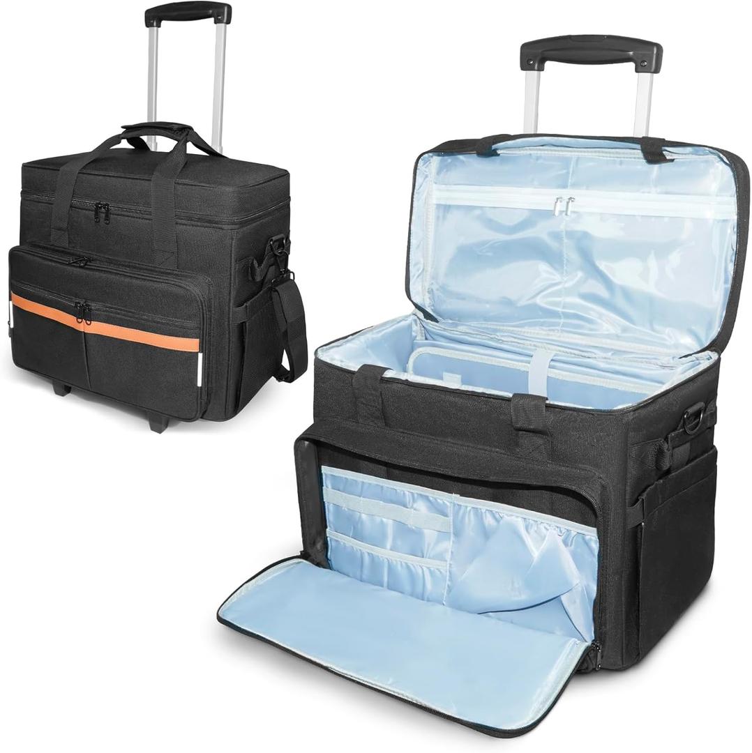 ORKELS Rolling Teacher Bag with Detachable Trolley, Wheeled Teacher Tote for 17.3'' Laptop, Books & Supplies, Spacious & Durable with Easy Maneuverability (Black+Brown)
