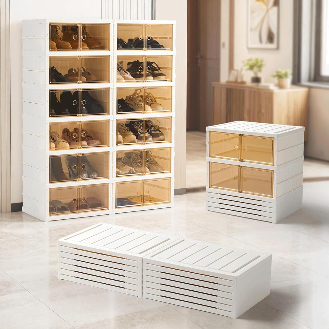 Folding Shoe Rack Storage Device,Large Plastic Folding Shoe Cabinet, Easy to Assemble Shoe Rack Storage Cabinet with Transparent Door Magnetic Buckle (6 Layers, 2 Groups, 24 Pairs)