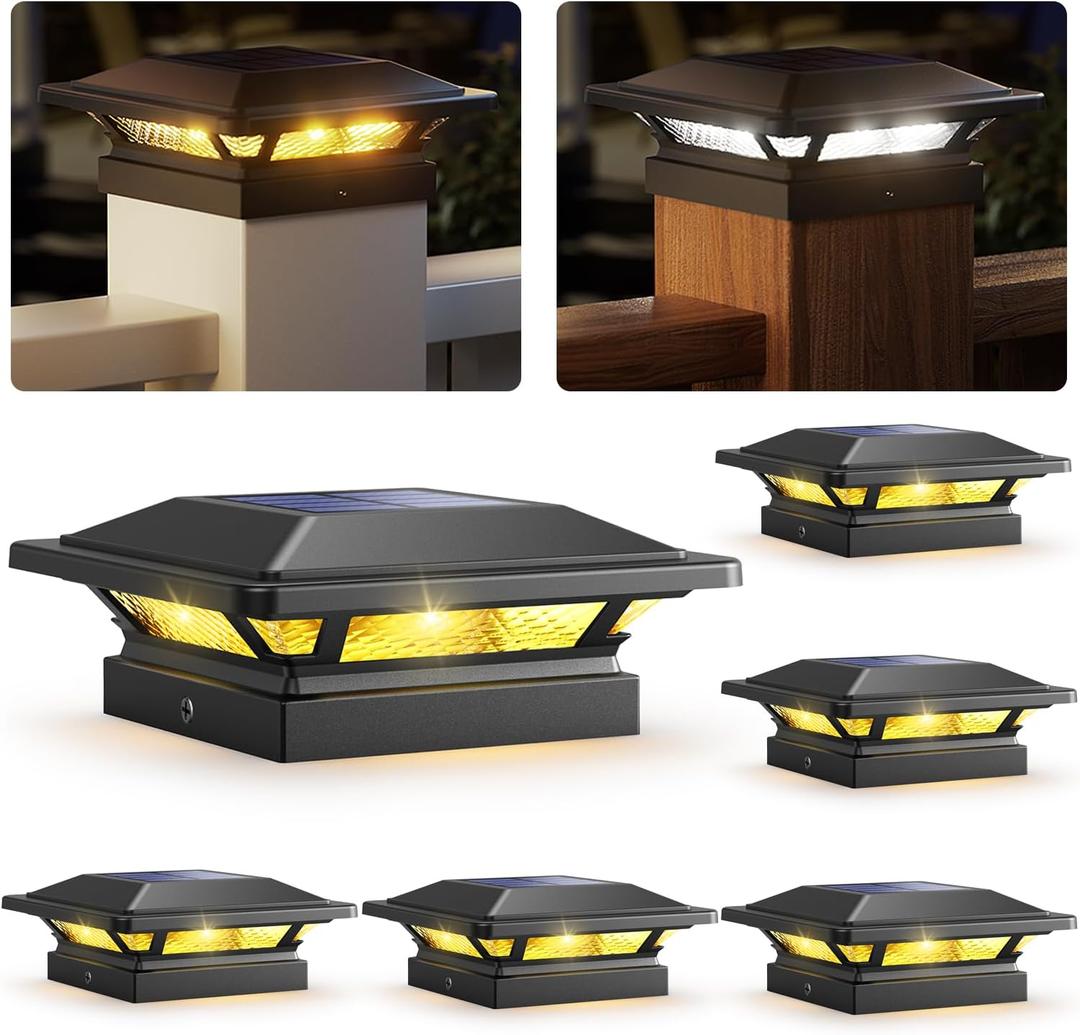 SIEDiNLAR 4x4 Solar Post Cap Lights 16 LEDs 2 Modes 3.5x3.5 4x4 Wooden Vinyl Post Light Waterproof Outdoor for Deck Fence Patio Garden Decor, Warm/Cool White (6 Pack, Black)