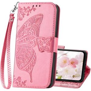for Galaxy A15 5G Phone Case Wallet,Women Butterfly Embossed Flip PU Leather with Credit Card Holders Kickstand Wrist Strap Purse Cover for Samsung A15 5G (Pink)