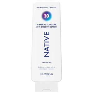 Native Sunscreen Lotion Unscented SPF 30, 100% Mineral SPF for Face & Body Broad Spectrum UVA UVB for Men & Women, Suitable for Sensitive Skin & Hawaii Compliant, Lightweight & No Residue, 7oz