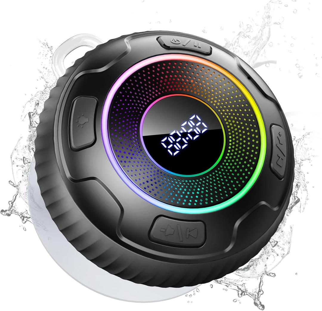 Hupoaf Bluetooth Shower Speaker, Bluetooth Speaker 5.3, 6D Sound, Portable Speaker with Suction Cup/Hook, IPX7 Waterproof, with LED Light/Time Display, for Outdoor/Party/Bathroom//Kayak/Gift (Black)