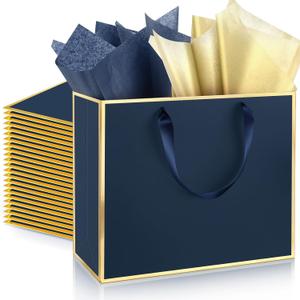 ReliThick 12 Pack 12 Pack Metallic Paper Gift Bag with Handles and Tissue Paper 11.8 x 10 x 4'' Thank You Favor Bag for Wedding Bridesmaid Groomsmen 5 Senses Birthday Gifts (Navy Blue,Gold)