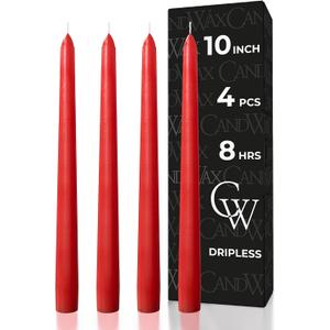 CANDWAX 10 inch Red Taper Candles Set of 4 - Unscented Smokeless Dripless Long Burning Candlesticks - Perfect as Taper Candlesticks for Dinner or Holiday Home Decor - Red Candle Sticks