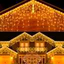 Christmas Icicle Lights Outdoor600LED 49ft 8 Modes Timer IP44 Waterproof Fairy String Light with 96 Drops, Christmas Lights for Christmas Decorations,Holiday, Party, Wedding, Eaves (600-warm light)