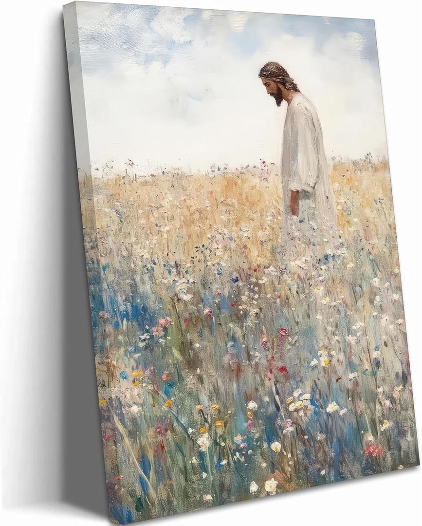 Jesus Canvas Wall Art Jesus Left The 99 Christian Inspirational Painting Picture Wall Decor Jesus with Wildflowers Religious Faith Print Artwork for Living Room Bedroom Church Home Decor, Framed