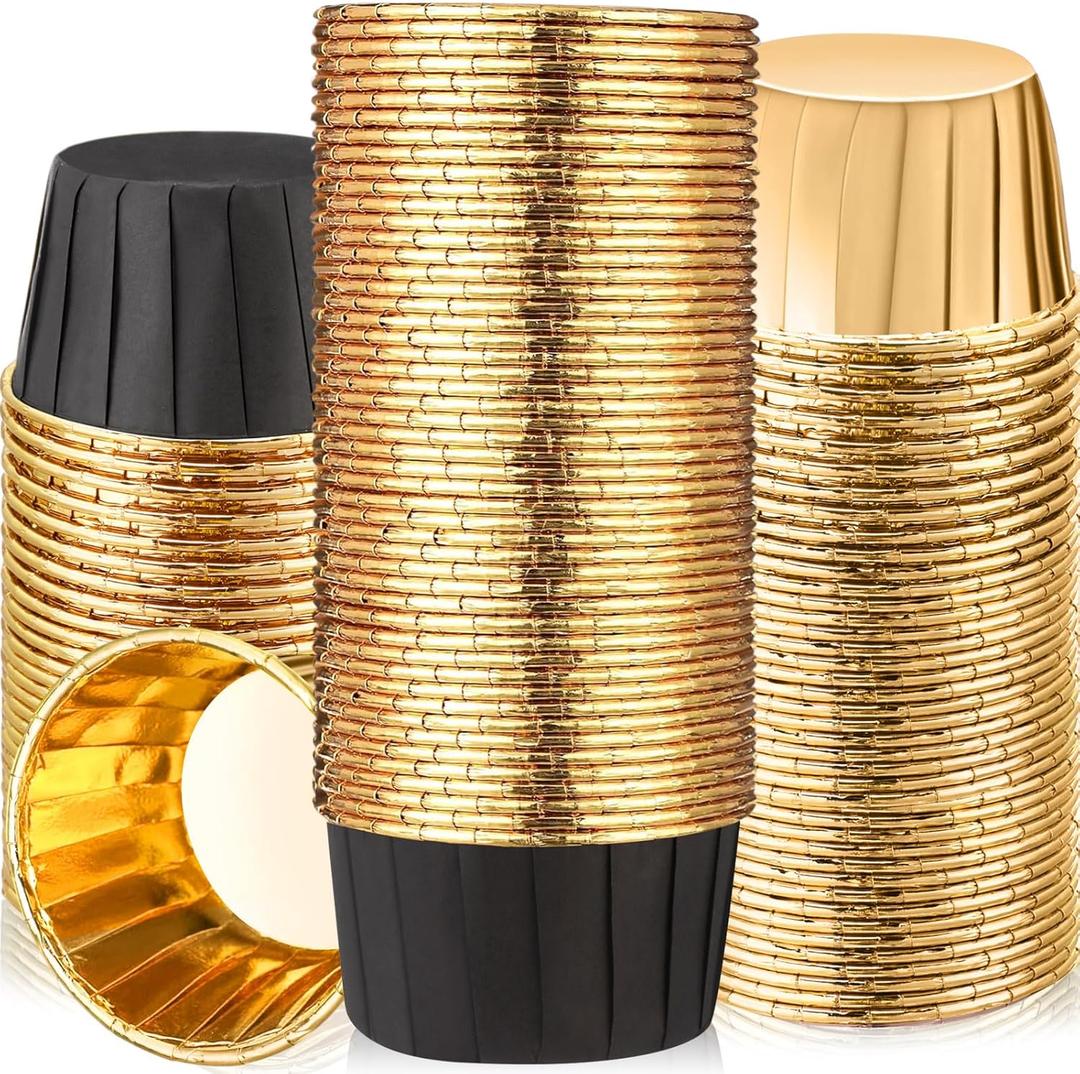 300 Pack Graduation Black Gold Cupcake Liners Bulk Disposable Foil Muffin Cups 3.5 oz Wrappers for Baking Aluminum Paper Mini Metallic Disposable Holiday Party Wedding Festival Supply