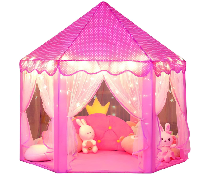 wilwolfer Princess Castle Play Tent for Girls Large Kids Play Tents Hexagon Playhouse with Star Lights Toys for Children Indoor Games (Pink)