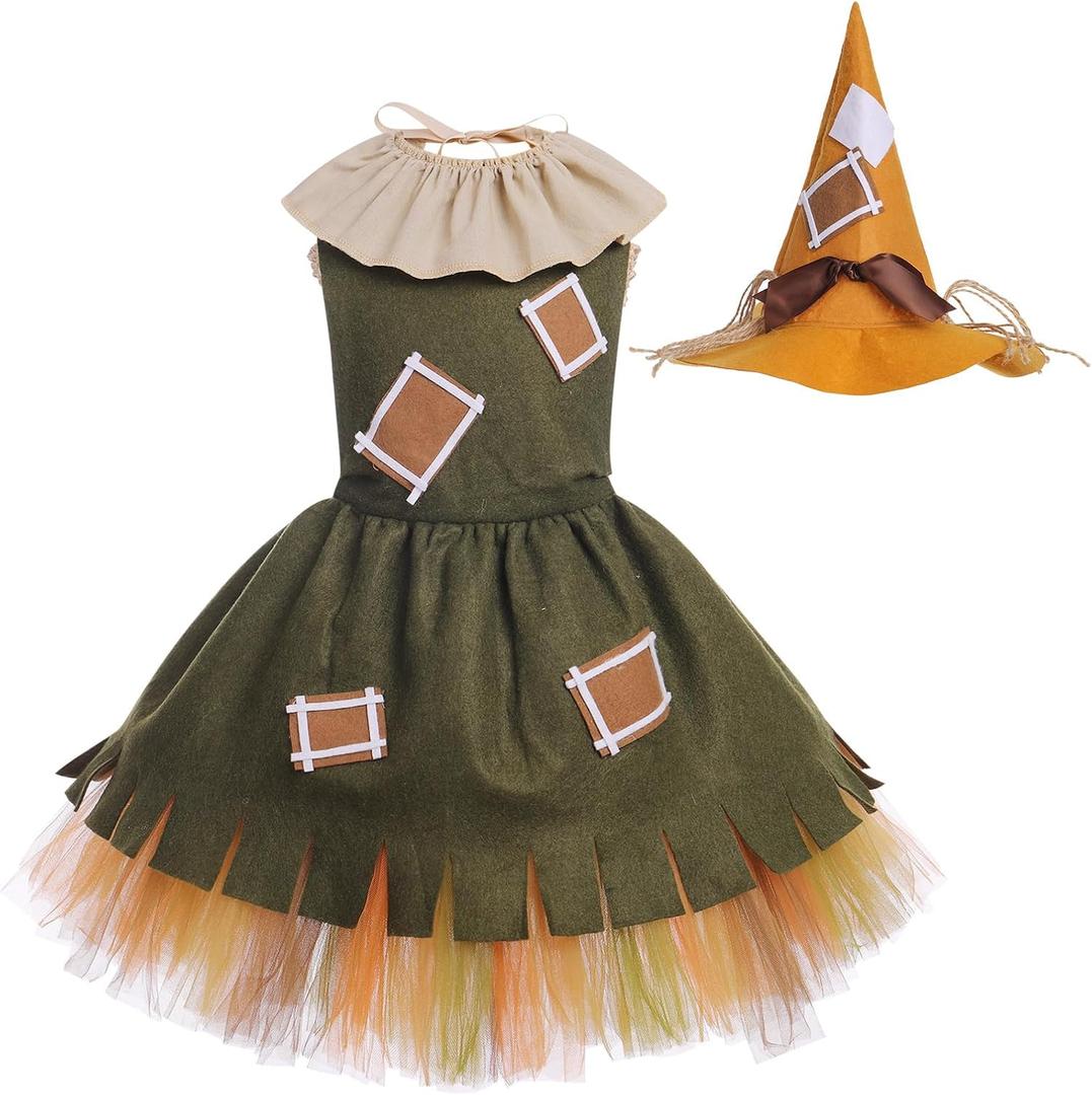 Kids Girls Halloween Costume Ruffle Tulle Tutu Dress with Headband Birthday Role Play Party Stage Dress Outfit (5-6 Years, Army Green)