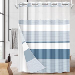 No Hook Blue Shower Curtain with Snap in Fabric Liner Set, Boho Striped Modern Double Layers Waterproof Fabric with See Through Top Window Open Grommet Bath Curtain 71x86 Inch