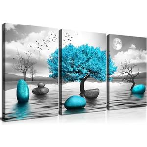 Wall Art for Living Room Bathroom Bedroom Large Size Black and White Tree of Life Paintings Modern 3 Piece Framed Canvas Art Prints Inspirational Abstract Blue Pictures Home Decorations