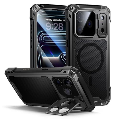 Lanhiem for iPhone 17 Pro Metal Case with Kickstand, Compatible with MagSafe, Built in Tempered Glass Screen Protector, Heavy Duty Shockproof Rugged Phone Cases, Full Body Tough Cover 6.3" (Black)
