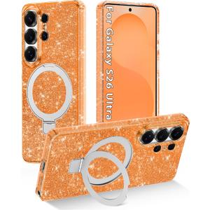 Magnetic for Galaxy S26 Ultra Case with Invisible Ring Stand[Compatible with MagSafe]Full Body Slim Women Girl Shockproof Marble Pattern Design Case for Samsung Galaxy S26 Ultra,Orange/Sliver