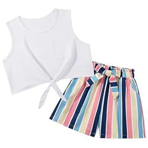 Blaward Girls 2 Piece Short Set Summer Outfits Textured Striped T-Shirt Shorts Kids Casual Clothing for School Sport Vacation, Size 9-10T