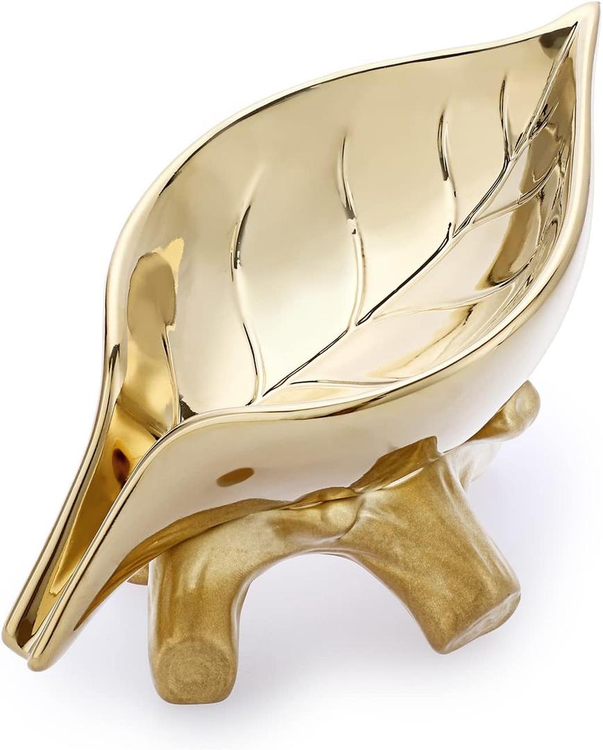 JUXYES Ceramic Soap Dish Holder Self Draining, Unique Waterfall Soap Dish Leaf Shape Decorative Soap Dish Tray Tabletop Drainable Soap Saver Bathtub Waterfall Soap Dish Holder for Bathroom Shower (Golden)