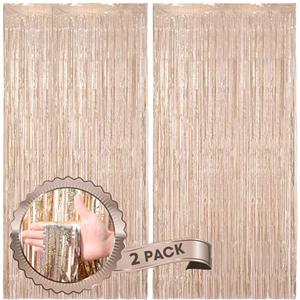 Voircoloria 2 Pack Laser Champagne Foil Fringe Backdrop Curtains, Tinsel Streamers Birthday Party Bachelorette Backdrop Decorations for Valentine, Baby Shower, Wedding, Disco Party