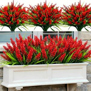 Geegoods Artificial Plants Flowers Outdoor 48 Bundles UV Resistant Faux Lavender Flowers with Monkey Grass for Garden Porch Window Patio Hanging Planter Decor
