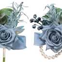 Meldel Dusty Blue Corsage and Boutonniere Set, Rose Boutonniere for Men, Prom Flower Wrist Corsage Bracelets, Homecoming Corsages Wristlet, Men Boutonnieres for Wedding Flowers Accessories Prom Suit