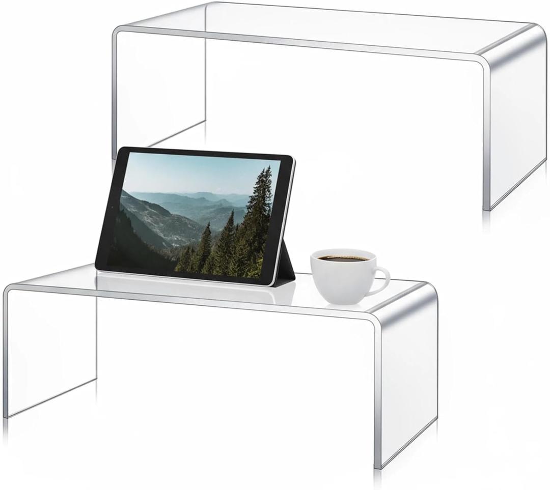 RattanView 2 Pcs 17 inch Large Acrylic Risers Display Stands 8 mm Thick Acrylic Shelf Riser Showcase for Collectibles Jewelry Cupcakes Food Figures Perfume Cabinet (Clear)