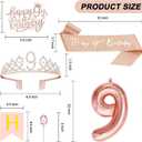 9th Birthday Decorations for Girls, Including 9th Tiara and Sash, Happy Birthday Banner, Cake Toppers, Number Candles and Balloons Set, Rose Gold