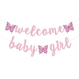 Welcome Baby Girl Banner, Butterfly BabyGirl Banner, Girl Baby Shower Decorations (Pink)