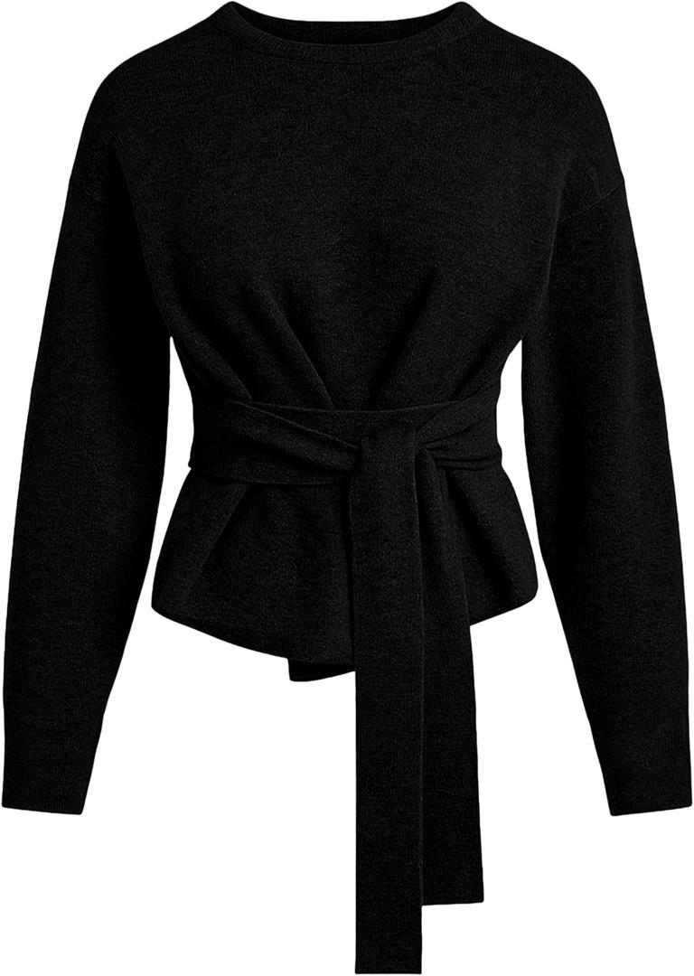Yeokou Women Tie Front Sweater Soft Loose Long Sleeve Crew Neck Belt Knit Pullover Top Office Dressy (Black, XL)