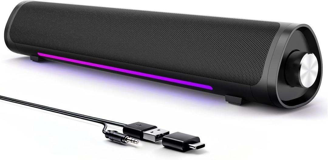 Computer Speakers for Desktop PC, Gaming PC Sound Bar, Plug and Play - USB Power with 3.5mm Audio, RGB Gradient Lighting, One-knob Control, for Computers/Laptops/Monitors