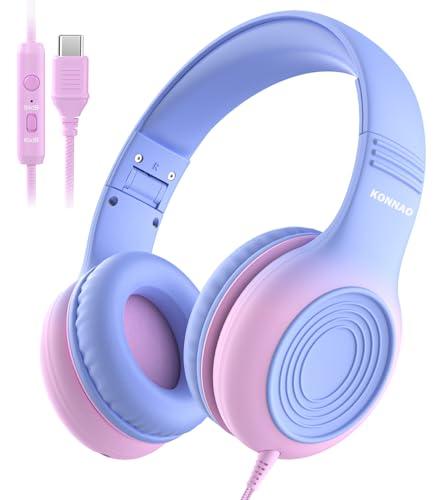 KONNAO Upgrade USB Type C Kids Headphones, Wired Headphones for Kids with Microphone for Boys Girls, Adjustable 85dB/94dB Volume Limited(Light Purple & Pink)