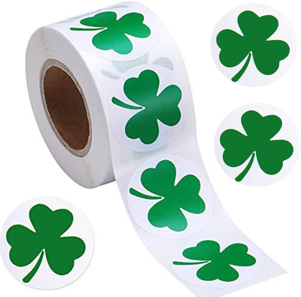 6 x 500Pcs St. Patrick's Day Stickers Green Shamrock Clover Stickers Roll 1.5in Self-Adhesive Waterproof Sticker Decor for Irish Holiday Party Scrapbook Journal Envelopes Decorations
