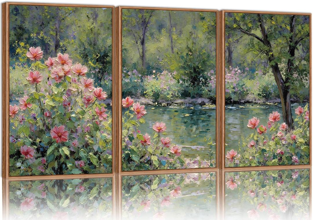 YeeHomedec Monet Botanical Framed Canvas Wall Art Set, Impressionist Floral Garden Wall Decor, Vintage Pond Tree Artwork, Nature Landscape Art Paintings for Living Room Bedroom Bathroom 24"x36"x3, 36L" x 24W"