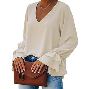 LYANER Women's Casual V Neck Tiered Ruffle Bell Long Sleeve Blouse Shirt Tunic Top M