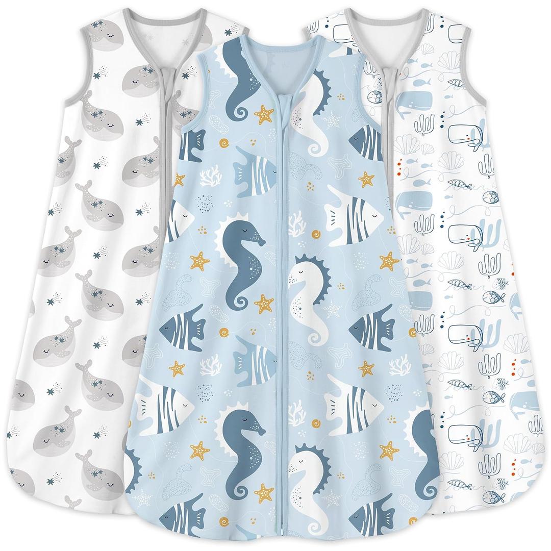 Yoofoss Baby Sleep Sack 12-18 Months 0.5 Tog Wearable Blanket for Baby, 3 Pack 100% Organic Cotton Infant Toddler Sleeping Sack 2-Way Zipper Lightweight Sleep Sack (Blue Seabed)