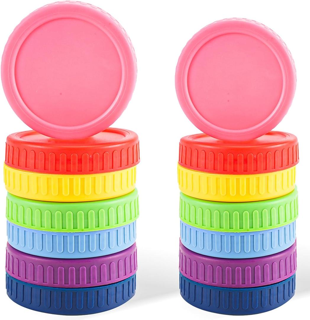 14 Pack 7 Wide Mouth & 7 Regular Mouth Mason Jar Lids, Suitable for Ball, Kerr and More, with Silicone Rings, Leak proof Plastic Storage Cap, 86mm &70mm, Reusable Jar Lid Tops, Colored Caps for Mason