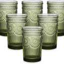 Vintage Glassware Drinking Glasses Set of 6,13 oz Green Textured Flower Design Glass Water TumblersEmbossed Striped Drinkware for Water, Cocktails, Juice, Iced Coffee