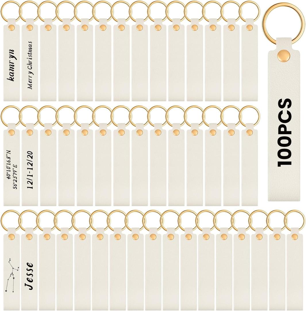 Wavyknot 100 Pcs PU Leather Keychain Blanks Bulk Laser Engraving Blanks Keychain Kit with Key Rings for DIY Key Chains Craft(5.6 x 0.8 Inches, Beige)