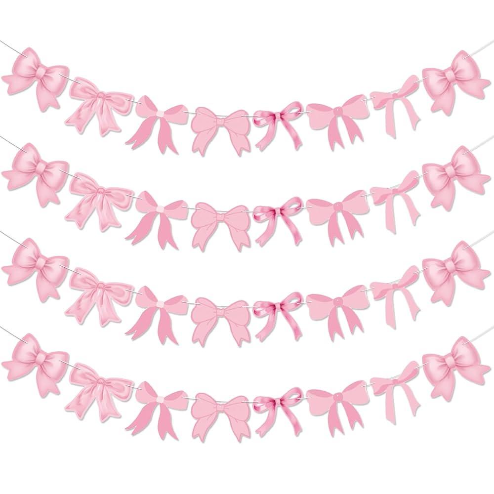 Neyeidru Bow Birthday Decorations Banner - 4Pcs Pink Bow Banner for Coquette Birthday Decorations Bow Garland Bunting for Girls Bow Party Decor Favor Supplies
