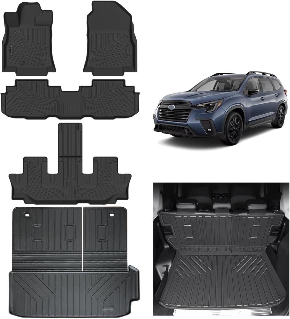 Floor Mats & Large Trunk Mat for 2019-2024 2025 Subaru Ascent 7 Seats(Bucket Seat), TPE All Weather Protection 3 Rows with Car Floor Liners with Cargo Liner Covering The backrest Protection (2019-25 Ascent 7 Seats)