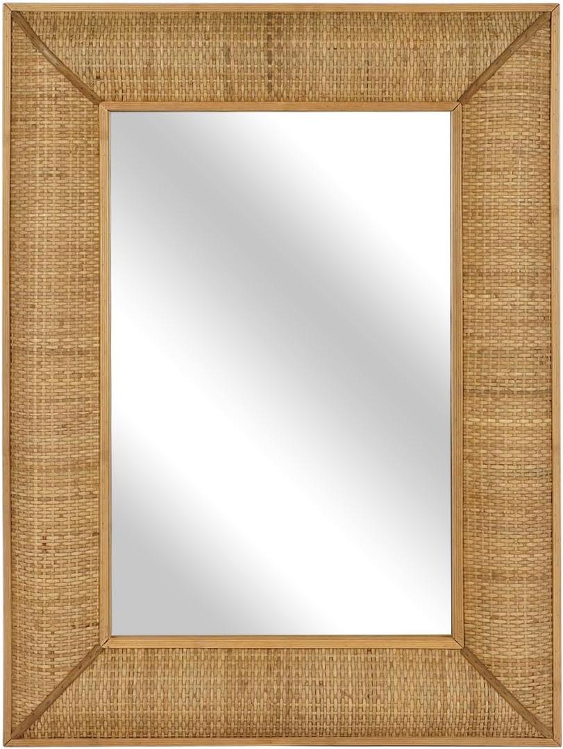 Boho Rattan Wall Mirror Wooden Framed Rectangle Mirror Rattan Decorative Farmhouse Hanging Mirror for Bathroom Vanity Entryway Living Room Home Wall Decor - 23.82" x 1.78" x 31.5"