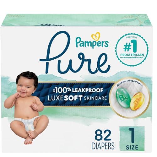 Pampers Pure Protection Baby Diapers, Size 1 (8-14 lbs), 82 Count, Up to 100% Leakproof, Premium Plant-based Skin Protection, Hypoallergenic Soft Diapers