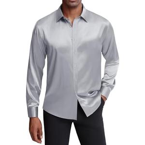 J.VER Men's Silk Satin Long Sleeve Dress Shirts Shiny Casual Button Down Shirt Luxury Party Prom Shirts, 3XL