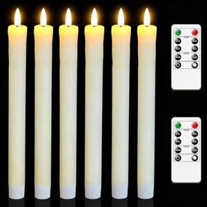 Lezonic Ivory Flameless Taper Candles Battery Operated with Remote, Long LED Candlesticks Flickering Real Wax Set of 6, 9.5 inch Battery Candles with Realistic 3D Flame