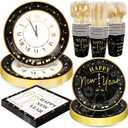 168pcs Happy New Year Party Supplies, Black and White Paper Plates Napkins Cups and Transparent Gold Cutlery for 24 Guests, 2026 New Year Disposable Tableware Supplies for Party Decorations