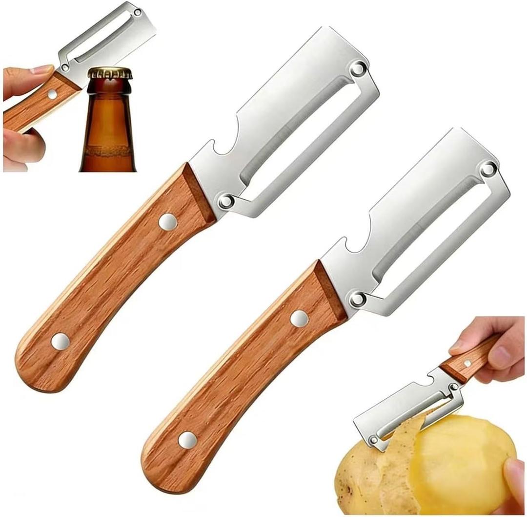 4 x Multifunctional Vegetable Peeler, 2-in-1 Peelers For Kitchen with Bottle Opener, Sharp Stainless Steel Swivel Blade, Wooden Handle, For Vegetables or Fruits that Need to Be Peeled (2)2PCS