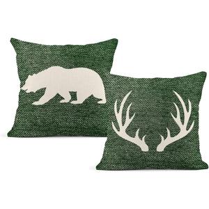 Throw Pillow Covers Set of 2, Green and White Rustic Deer Bear Farmhouse Home Decorative Throw Pillow Cases Cushion Covers for Sofa Couch Bed, 18x18 Inch